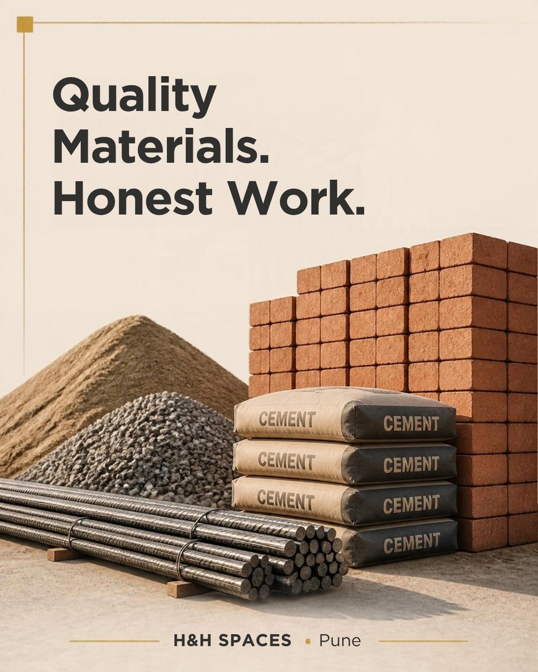 Neatly stacked construction materials — bricks, cement bags, steel rods, sand and aggregate — on an H&H SPACES site in Pune
