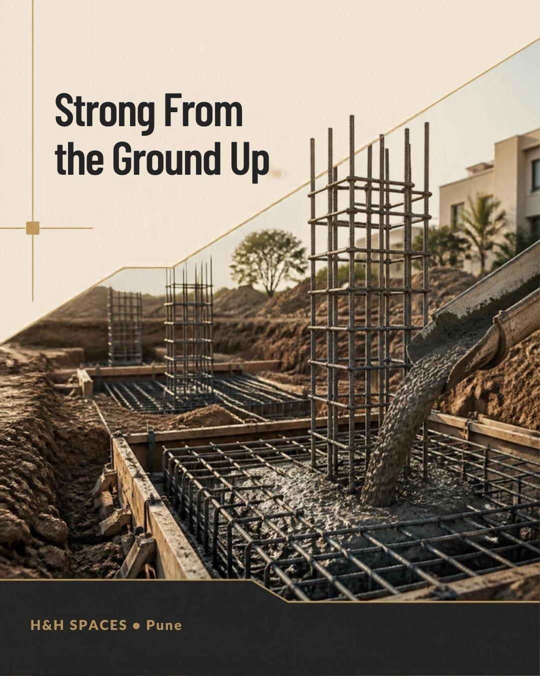 Foundation footing trenches with steel rebar cages and concrete being poured on a residential construction site — H&H SPACES Pune
