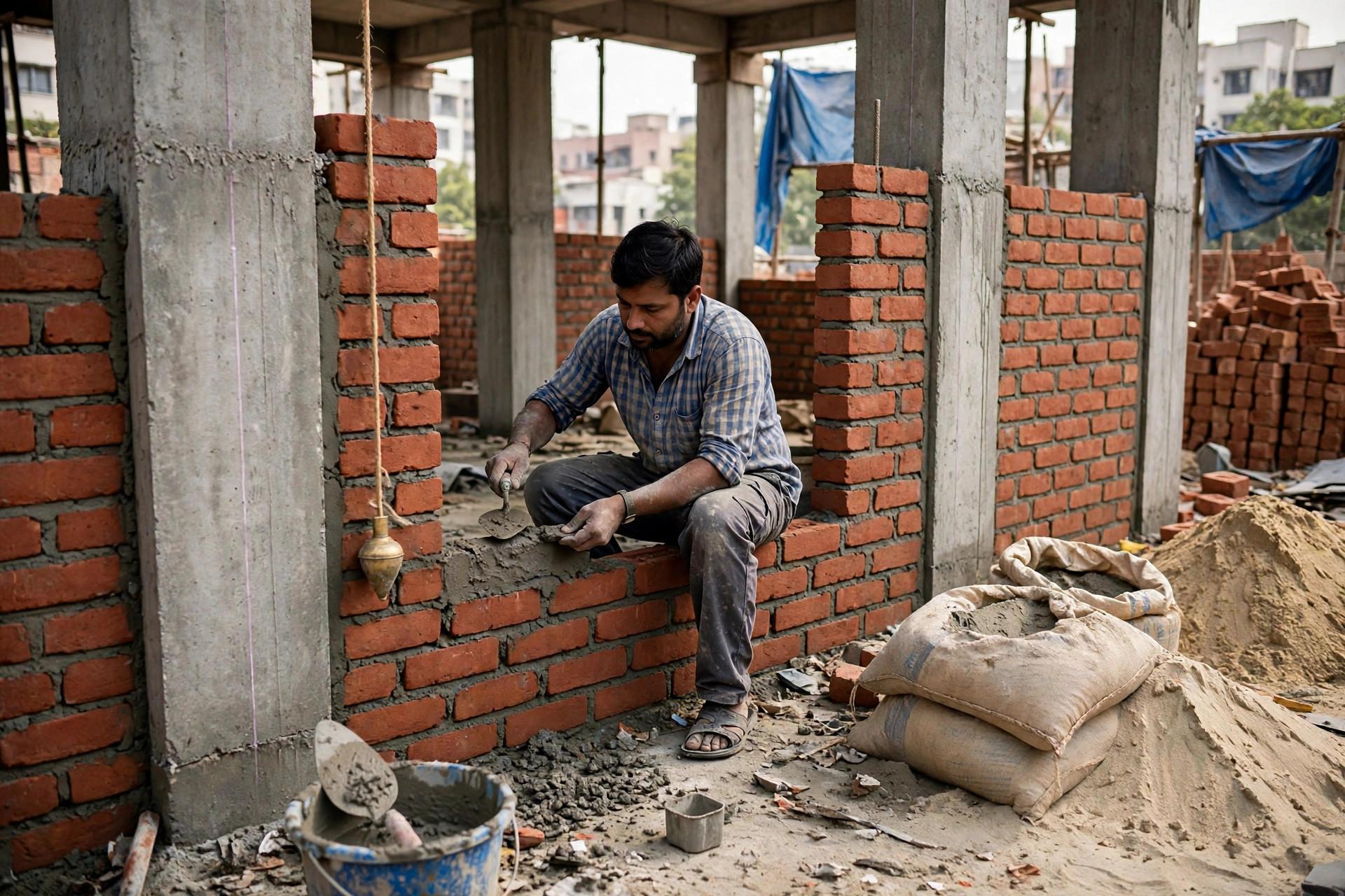 Mason laying red-brick masonry wall between concrete columns with trowel, plumb line and cement bags — H&H SPACES Pune construction site