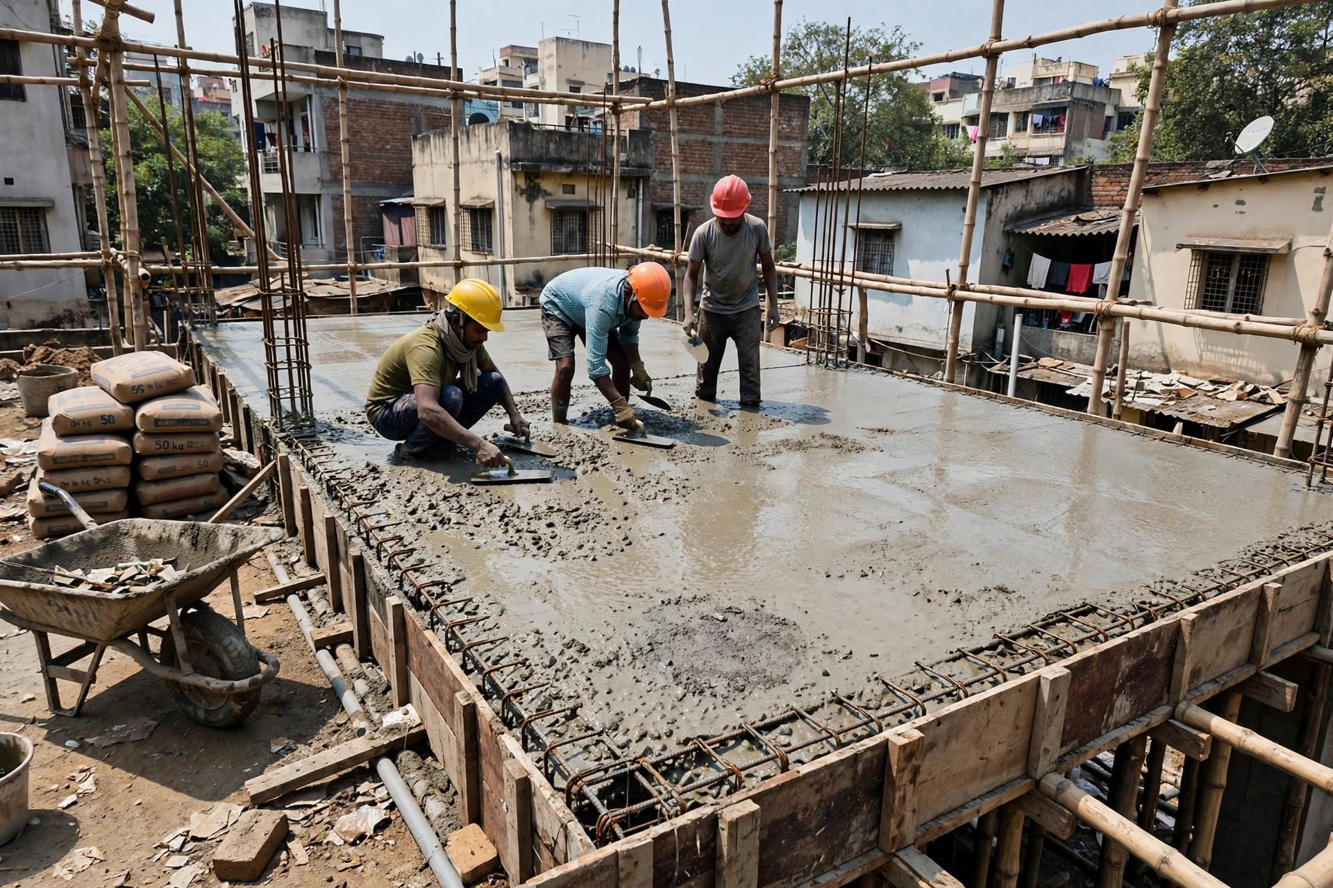 Construction workers trowelling a freshly poured wet concrete slab with rebar mesh, timber shuttering and bamboo scaffolding — H&H SPACES Pune construction site
