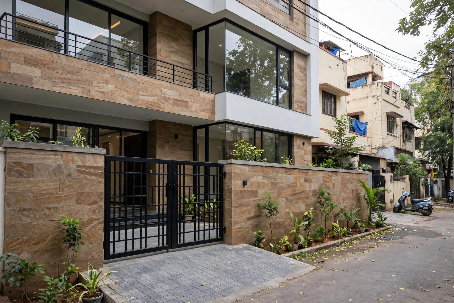 Finished modern two-storey bungalow exterior in Pune with warm stone cladding, large glass windows, compound wall and metal gate — H&H SPACES
