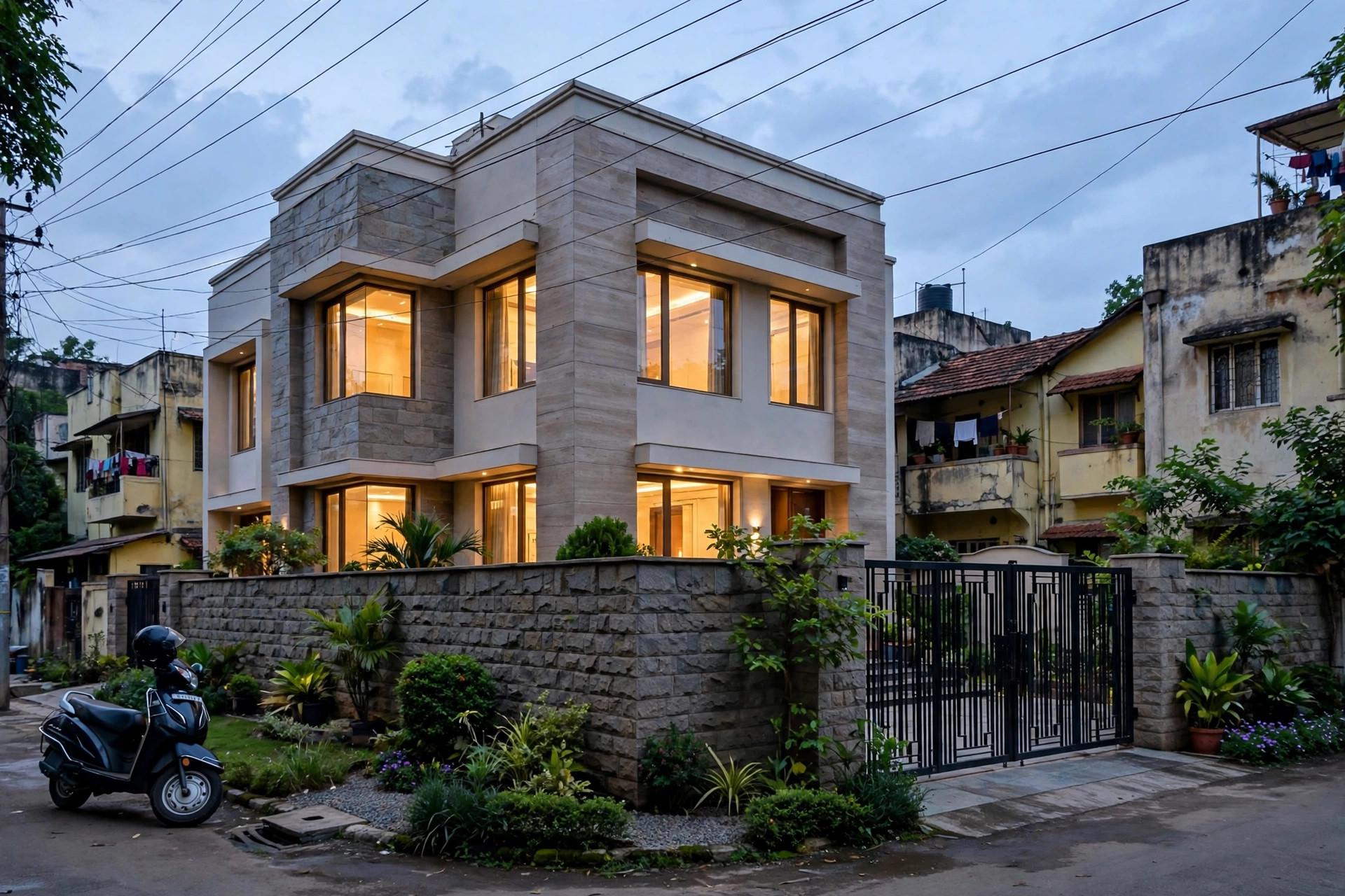 Luxury villa elevation at dusk in Pune with warm lit windows, stone and plaster facade, compound wall and metal gate — H&H SPACES
