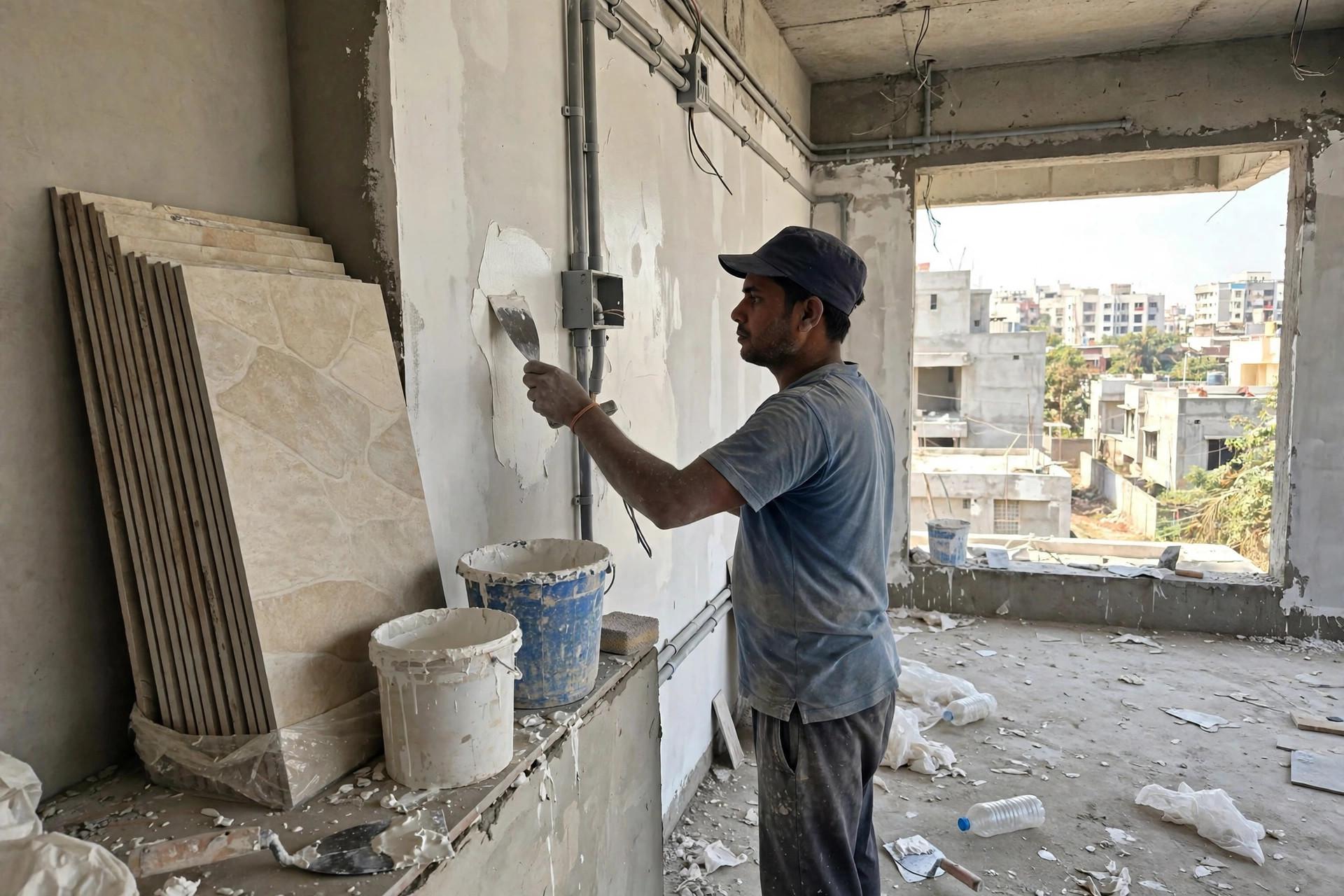 Interior finishing work in a Pune home under construction: worker applying wall putty, stacked floor tiles, paint buckets and surface-mounted conduit — H&H SPACES